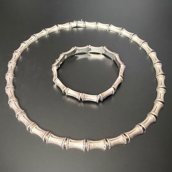 Vintage Sterling Silver Bamboo Link Choker Necklace & Bracelet Set 925 Italy 17" - Picture 4 of 16